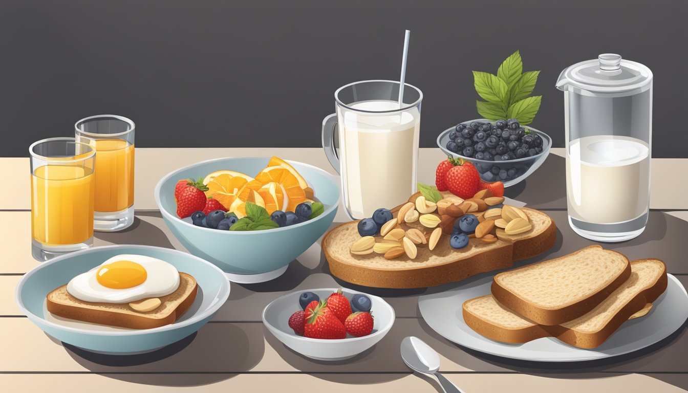 A breakfast table with a variety of diabetic-friendly foods such as whole grain toast, yogurt, fresh fruit, and nuts, along with a glass of water or unsweetened tea