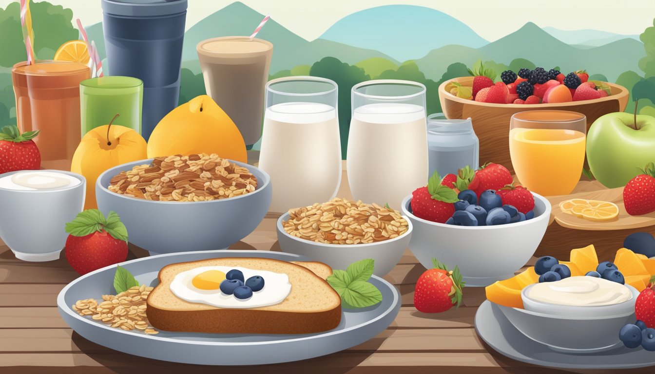 A table set with a variety of healthy breakfast options, including fruits, yogurt, granola, and whole grain bread. Juice and water are also available