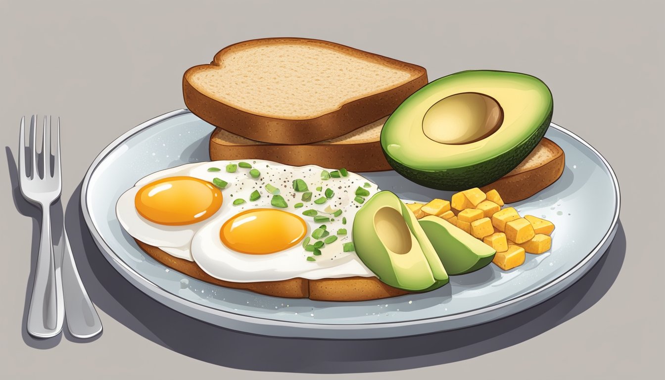 A breakfast plate with a balanced mix of protein, healthy fats, and complex carbohydrates, such as eggs, avocado, and whole grain toast