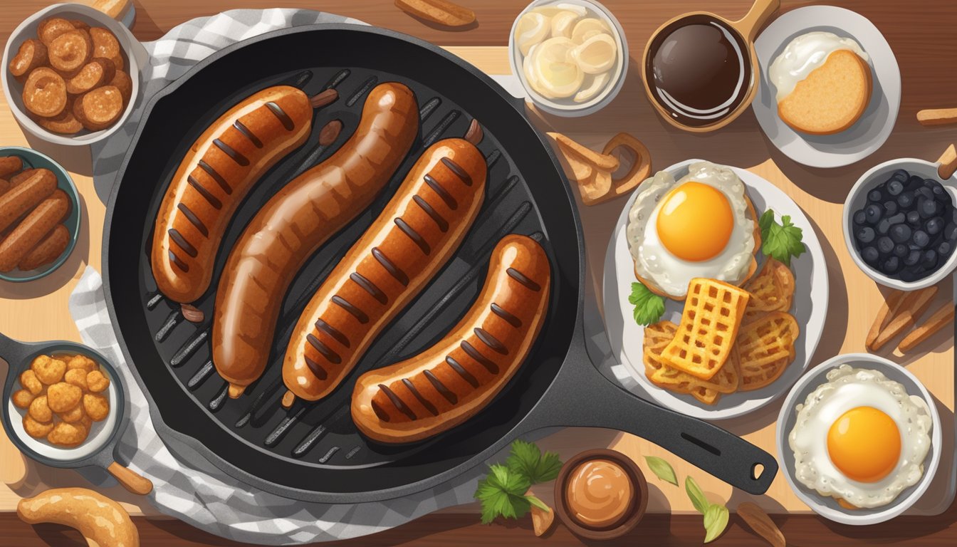 Maple-glazed sausages sizzling on a skillet, surrounded by a variety of breakfast foods on a table