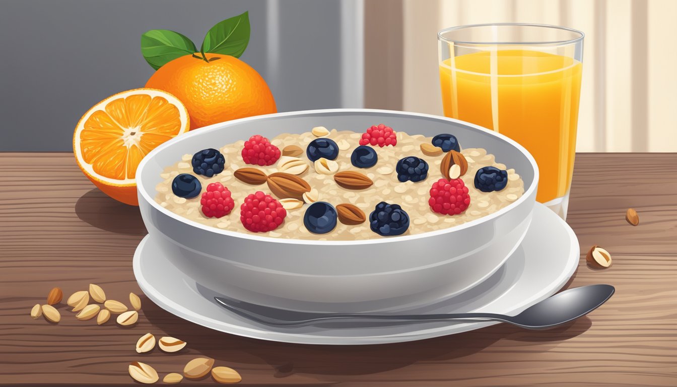 A bowl of oatmeal topped with berries, nuts, and seeds sits next to a glass of freshly squeezed orange juice on a wooden table