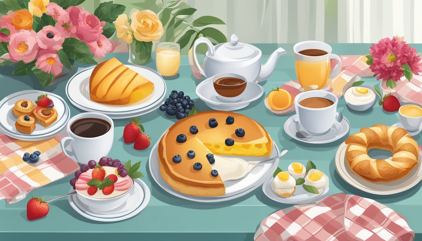 A table set with a variety of breakfast dishes, including pastries, fruit, yogurt, and coffee. Decorative tablecloth and flowers add a festive touch