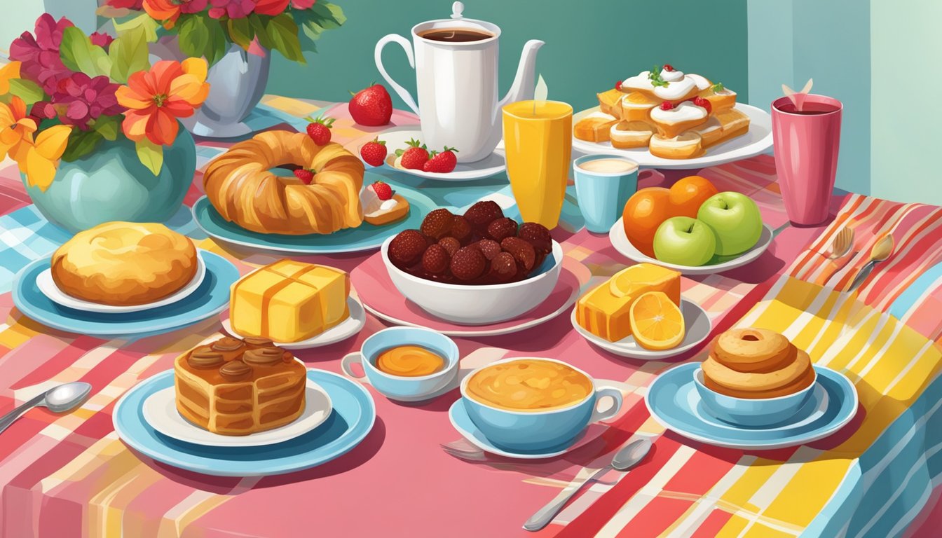 A table adorned with colorful tablecloths and an array of breakfast dishes, including pastries, fruit, and coffee, surrounded by festive decorations