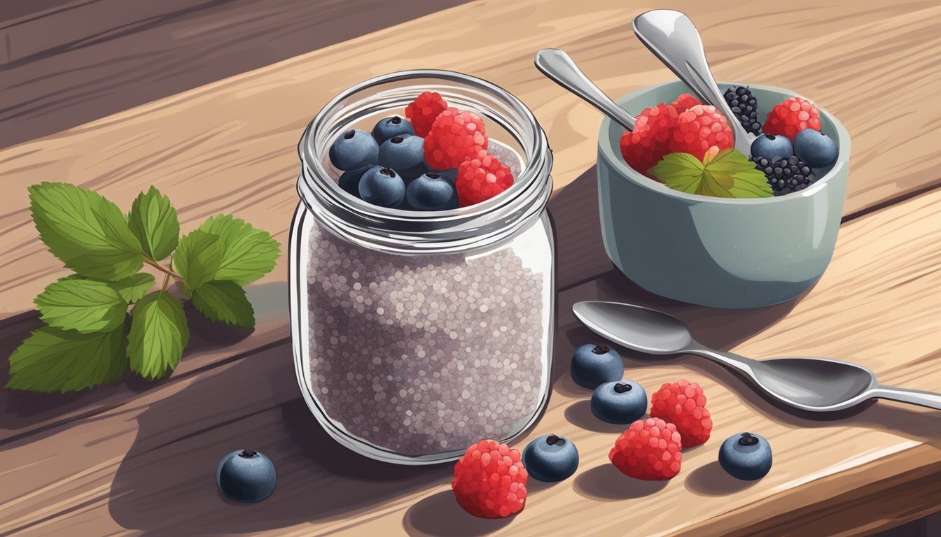 A mason jar filled with chia seed pudding topped with fresh berries and sliced almonds, sitting on a rustic wooden table with a spoon beside it