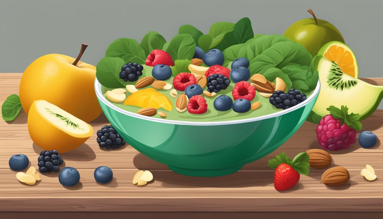 A colorful smoothie bowl topped with fresh spinach and kale, surrounded by vibrant fruits and nuts on a wooden table