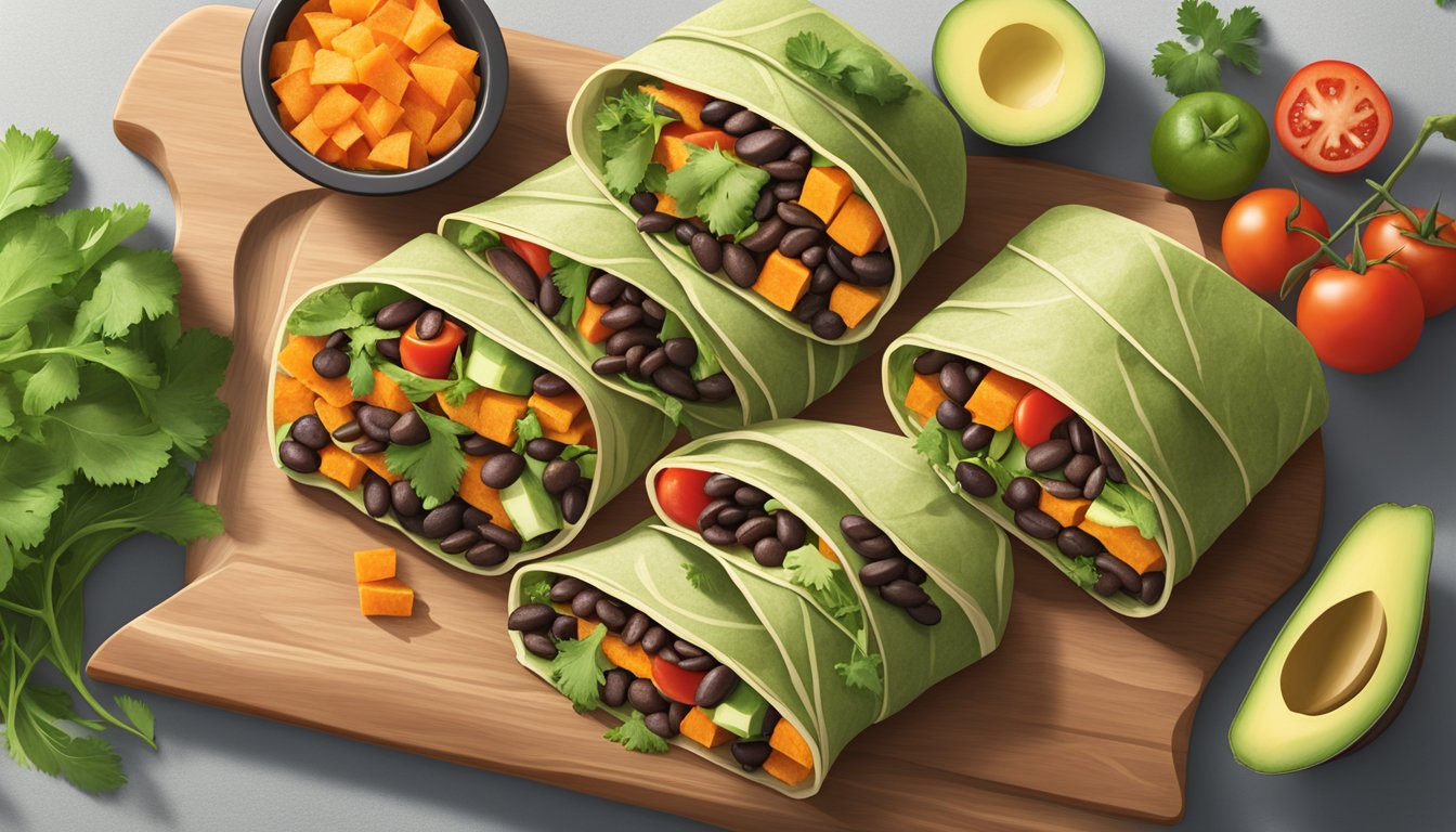 A colorful array of sweet potato and black bean wraps arranged on a wooden cutting board, surrounded by fresh ingredients like avocado, tomatoes, and cilantro