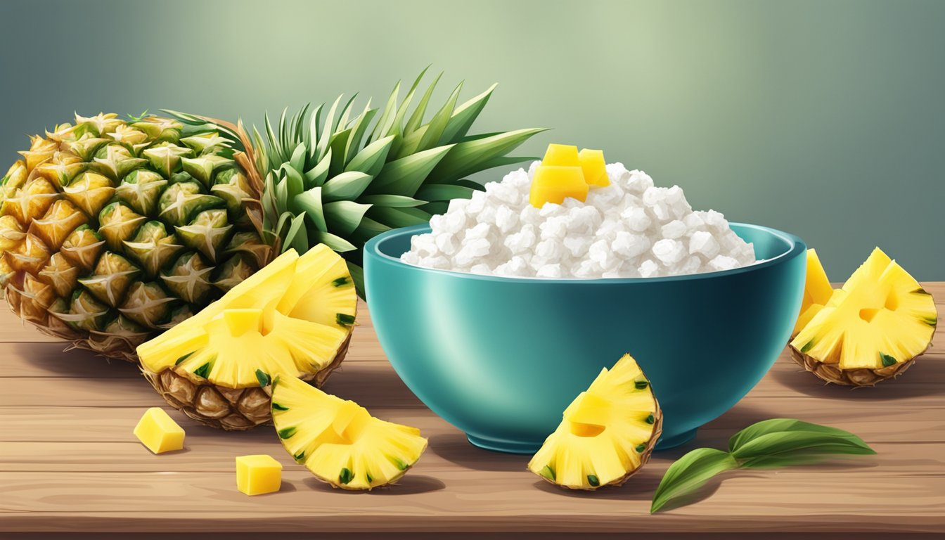 A bowl of cottage cheese topped with fresh pineapple on a wooden breakfast table