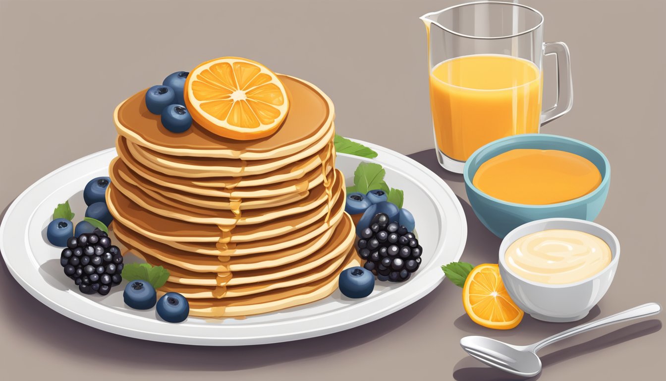 A stack of whole wheat pancakes drizzled with maple syrup on a plate, surrounded by fresh berries and a glass of orange juice