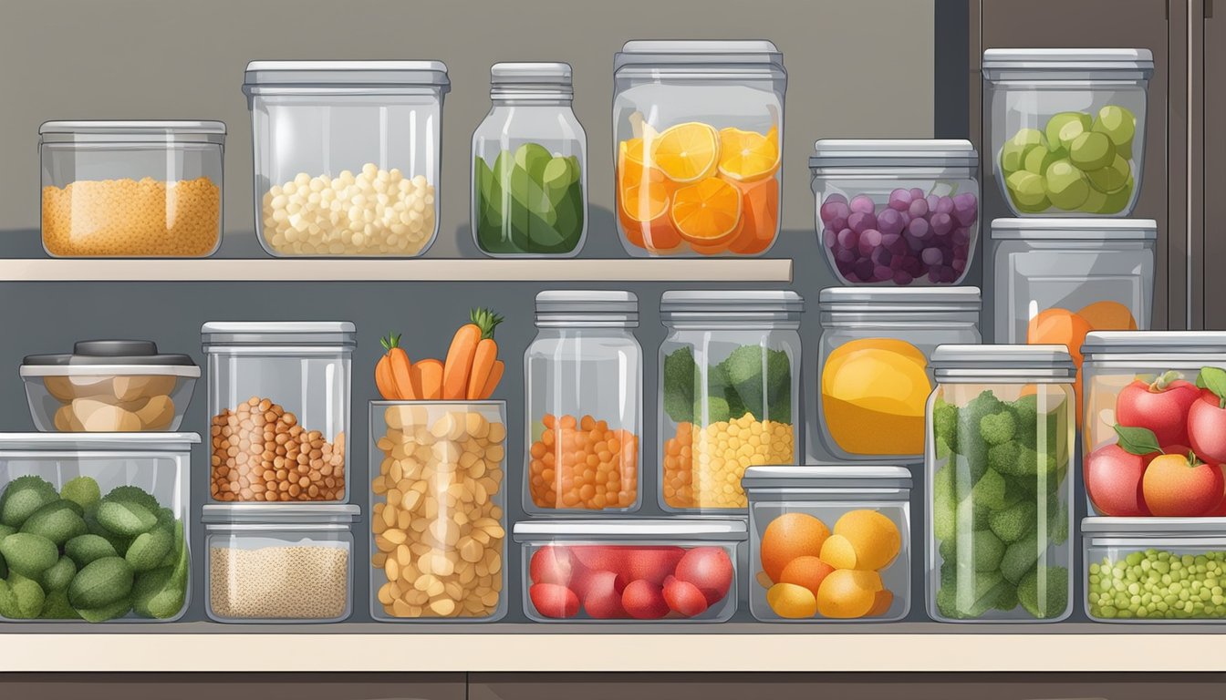 A kitchen counter with neatly arranged containers of prepped fruits, vegetables, grains, and proteins for breakfast meal prep