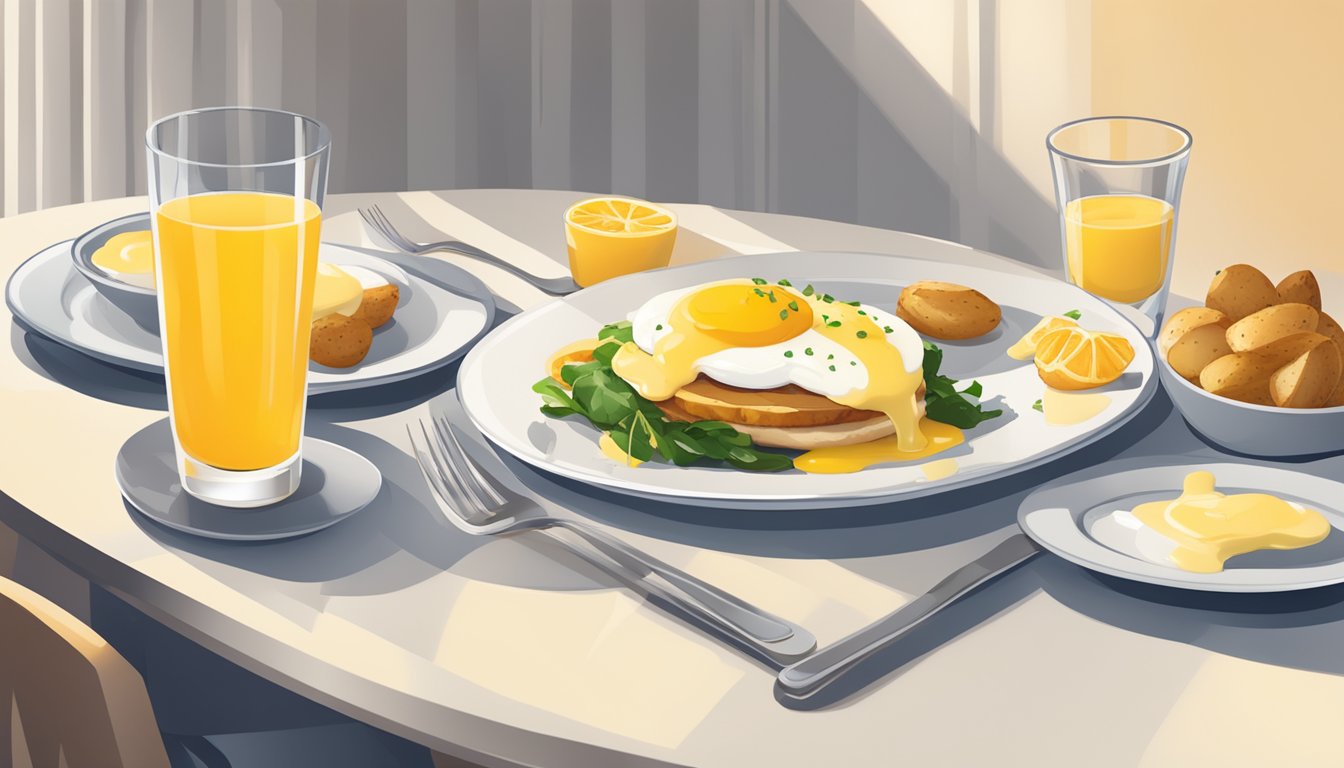 A dinner table set with a plate of Eggs Benedict, a side of roasted potatoes, and a glass of orange juice