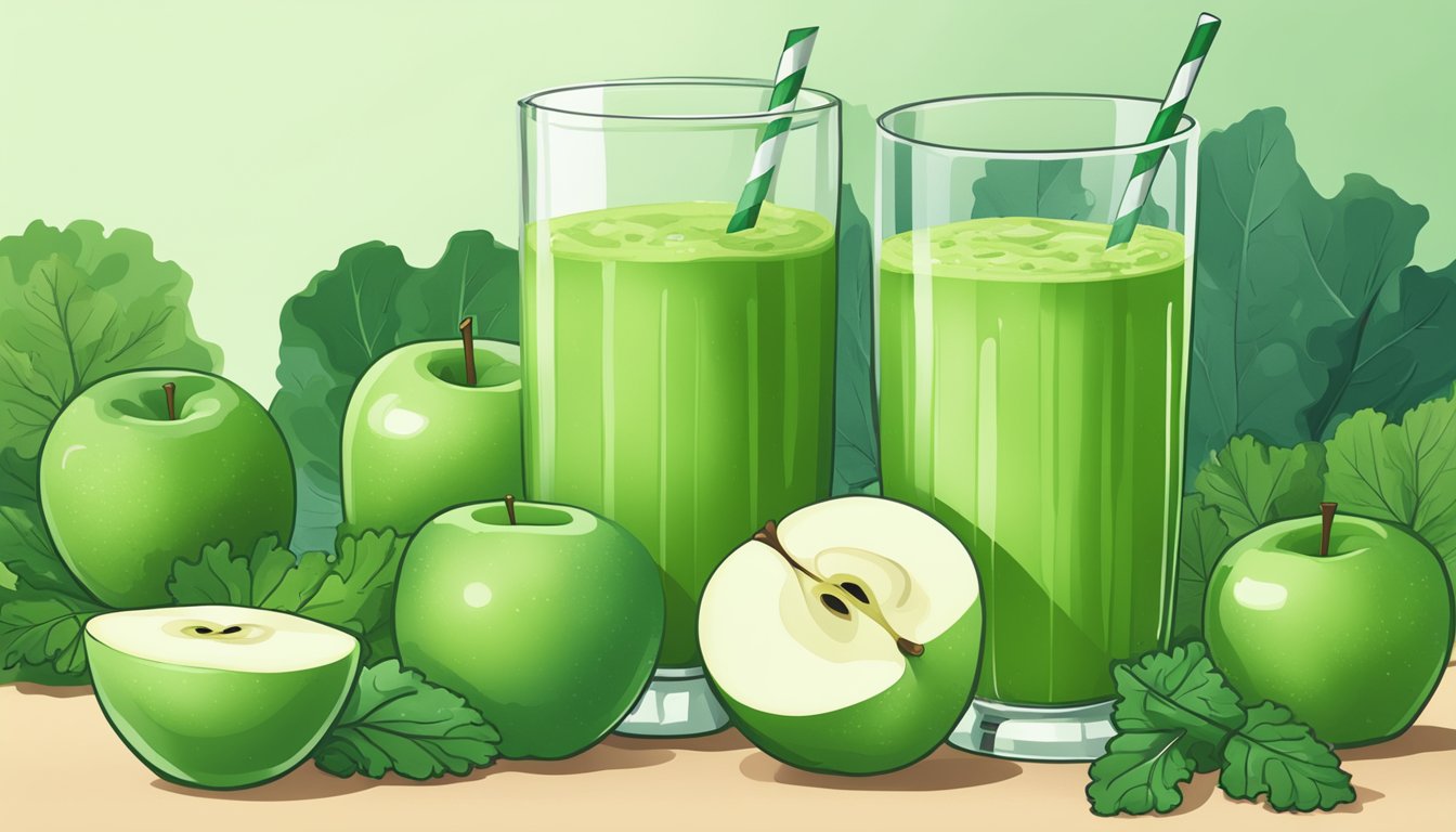 A glass filled with a vibrant green apple kale smoothie, surrounded by fresh whole green apples and leafy kale