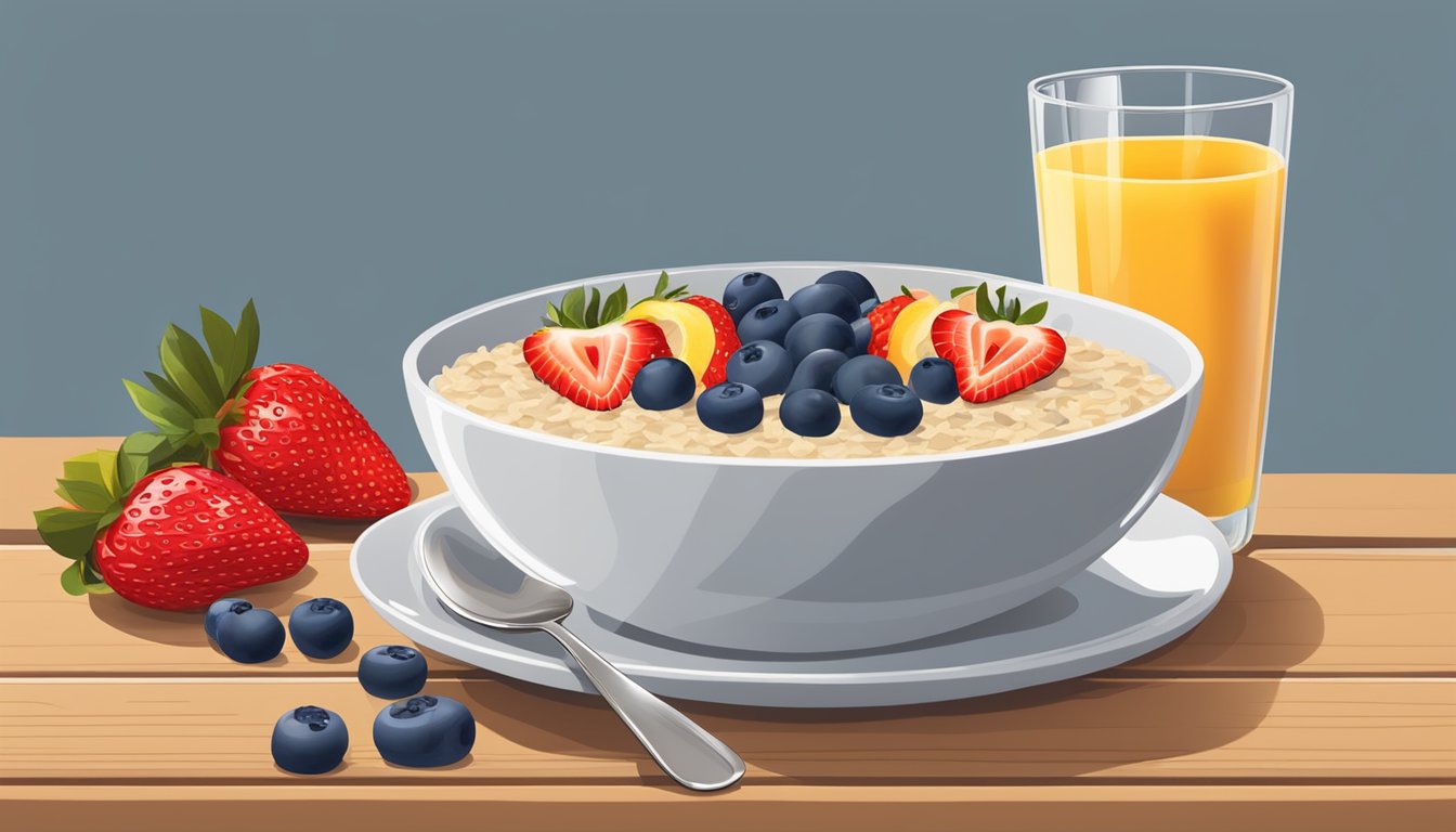 A bowl of oatmeal topped with fresh strawberries, blueberries, and sliced bananas, accompanied by a glass of orange juice on a wooden table