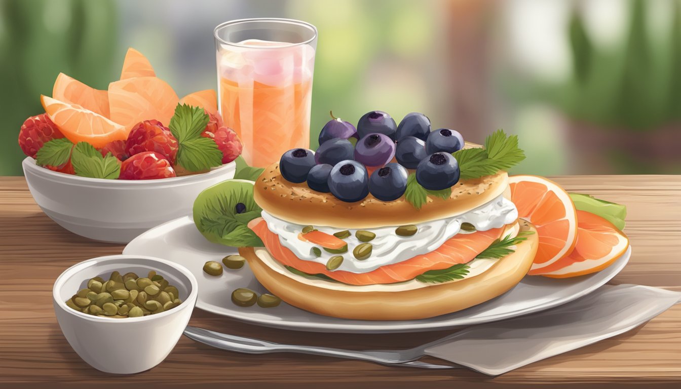 A plate with a toasted bagel topped with cream cheese, smoked salmon, red onion, capers, and a side of fresh fruit on a wooden table