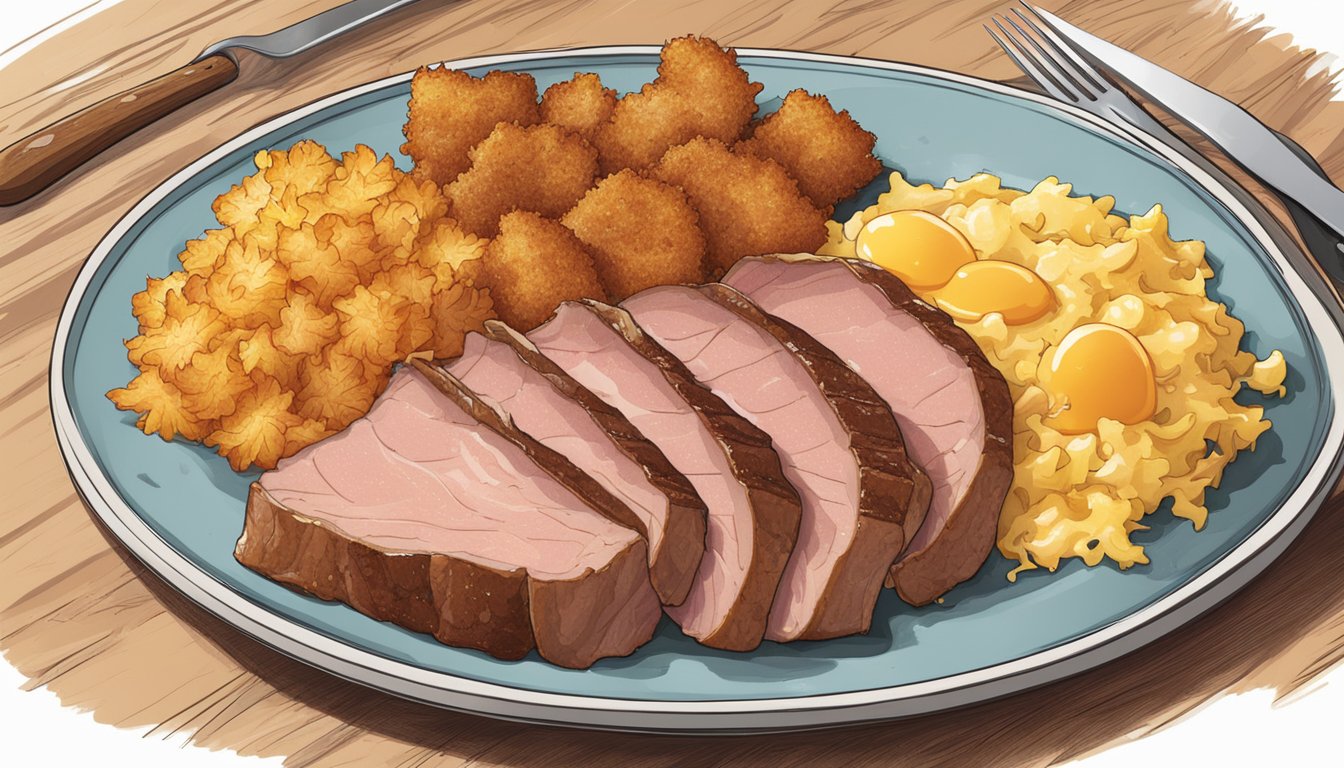 A sizzling ham steak glazed with maple syrup on a plate, surrounded by scrambled eggs and golden-brown hash browns