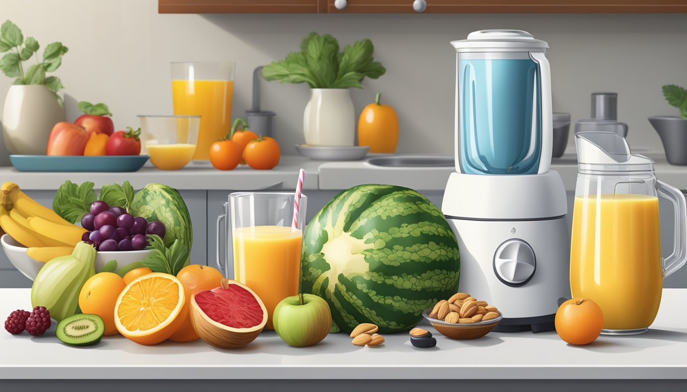 A colorful array of fresh fruits, vegetables, and nuts arranged on a kitchen counter, alongside a blender and various containers of yogurt, milk, and juice