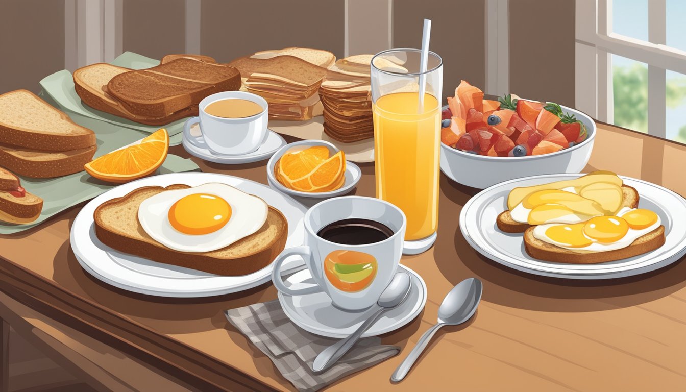 A table set with a variety of breakfast foods such as eggs, bacon, fruit, and whole grain toast, with a glass of orange juice and a cup of coffee