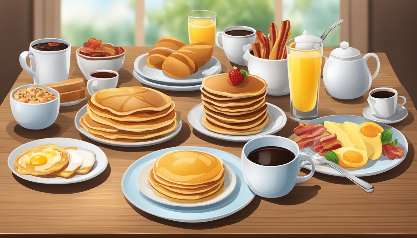 A table set with a variety of breakfast dishes, including pancakes, bacon, eggs, fruit, and coffee