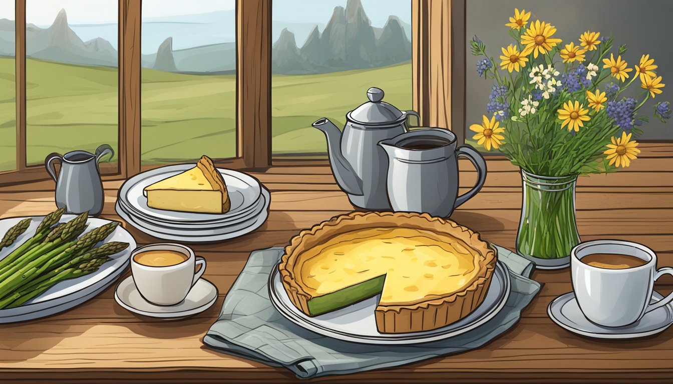 A rustic wooden table set with a freshly baked asparagus and Gruyère quiche, accompanied by a steaming pot of coffee and a vase of wildflowers