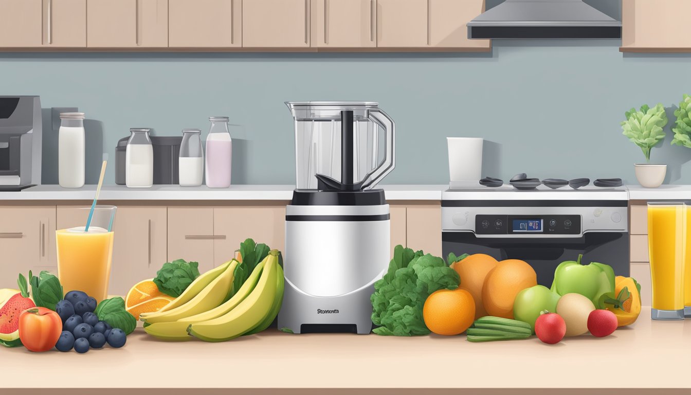 A kitchen counter with assorted fruits, vegetables, and yogurt laid out next to a blender and empty smoothie packs