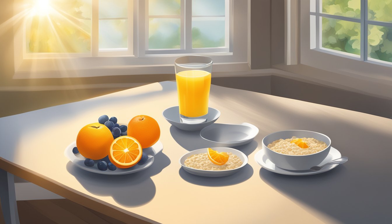 A table set with a bowl of oatmeal, a plate of fruit, and a glass of orange juice, with sunlight streaming in through a window