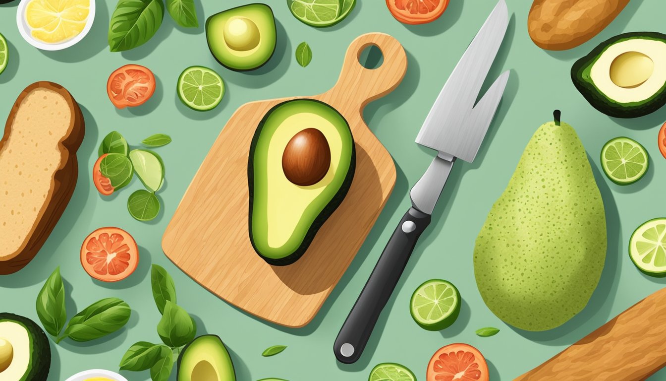 A wooden cutting board holds sliced avocado, bread, and various toppings, surrounded by kitchen utensils and fresh ingredients