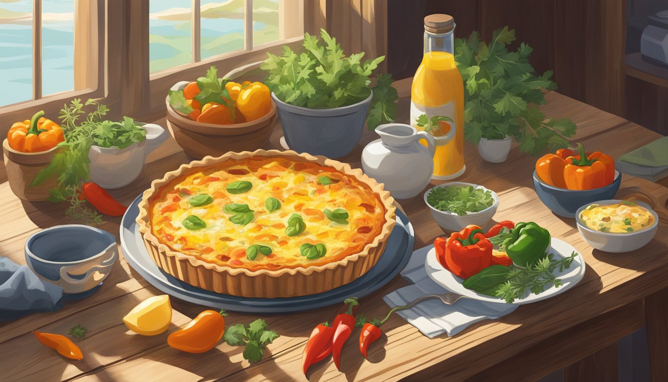 A crab and pepper quiche sits on a rustic wooden table, surrounded by colorful ingredients like bell peppers, eggs, and herbs. Sunlight streams in through a nearby window, casting a warm glow over the scene