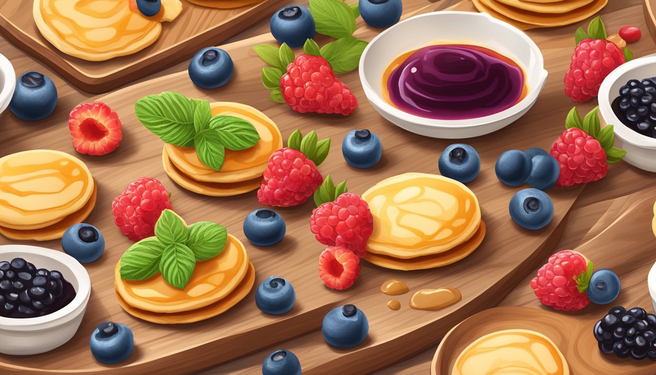 A colorful array of mini pancake bites arranged on a wooden cutting board, surrounded by fresh berries and drizzled with syrup