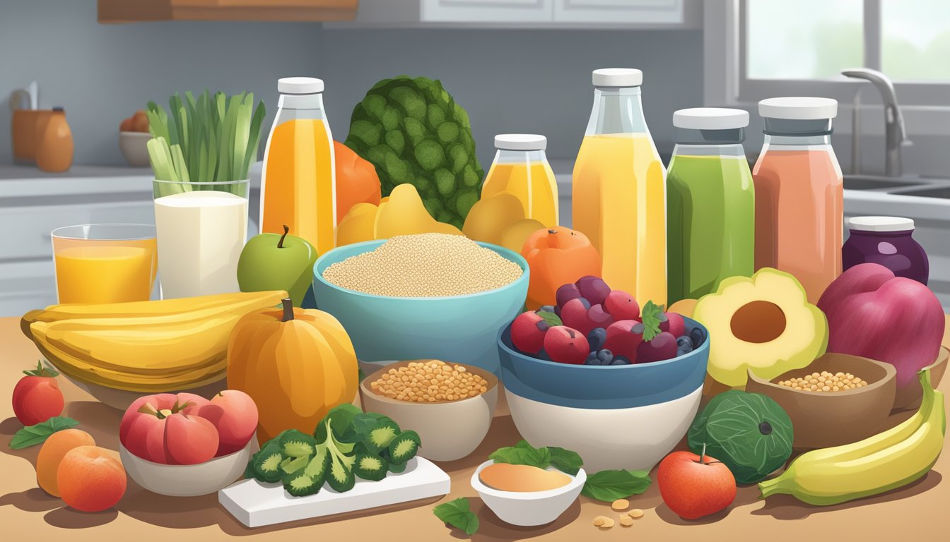 A colorful array of fruits, vegetables, grains, and dairy products arranged on a kitchen counter for breakfast meal prep