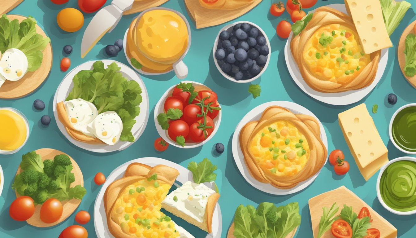 A colorful array of fresh vegetables, eggs, and cheese filling crescent roll cups, arranged on a breakfast table