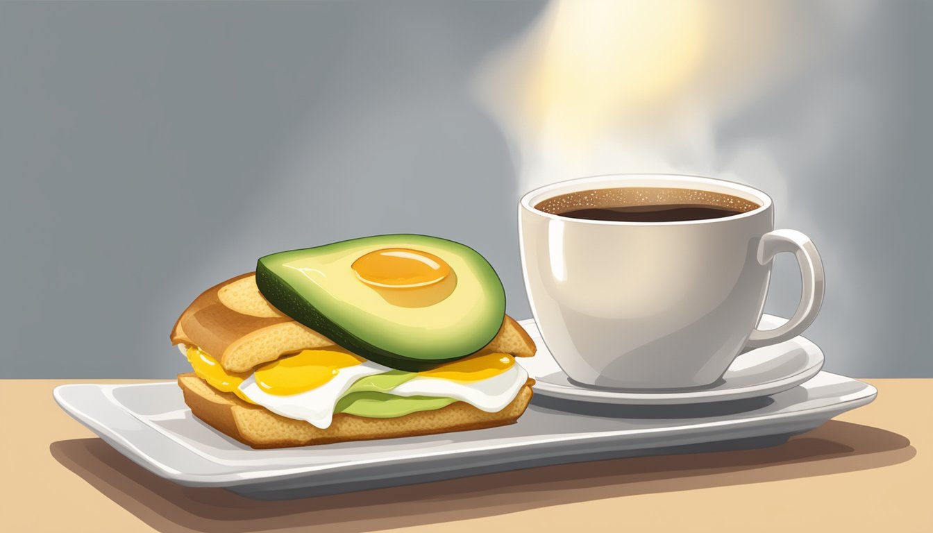 A golden-brown crescent roll sandwich filled with sliced avocado and a perfectly cooked egg, sitting on a white plate next to a steaming cup of coffee