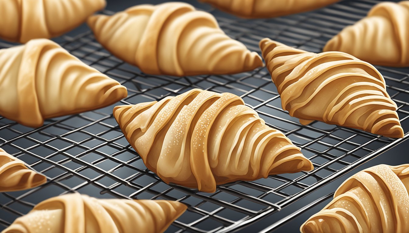 A batch of golden-brown Apple Pie Crescent Roll Turnovers cooling on a wire rack, with a sprinkle of cinnamon on top