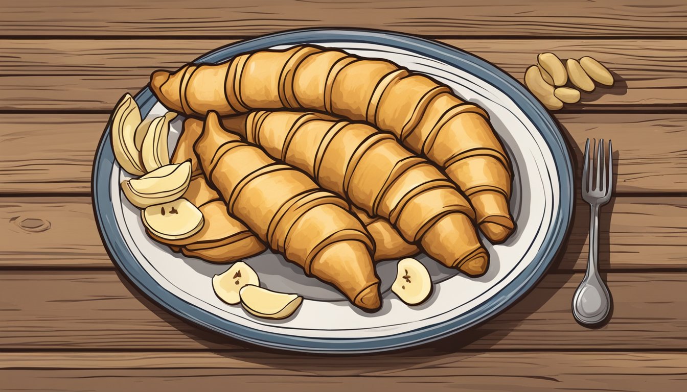 A plate of golden-brown crescent rolls filled with creamy peanut butter and sliced bananas, arranged on a rustic wooden table