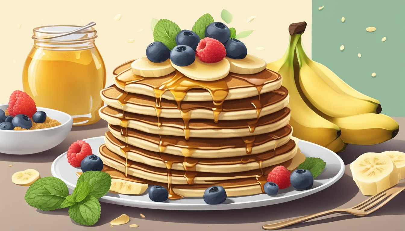 A stack of whole grain banana pancakes topped with sliced bananas and a drizzle of honey, surrounded by a scattering of fresh berries and a sprig of mint