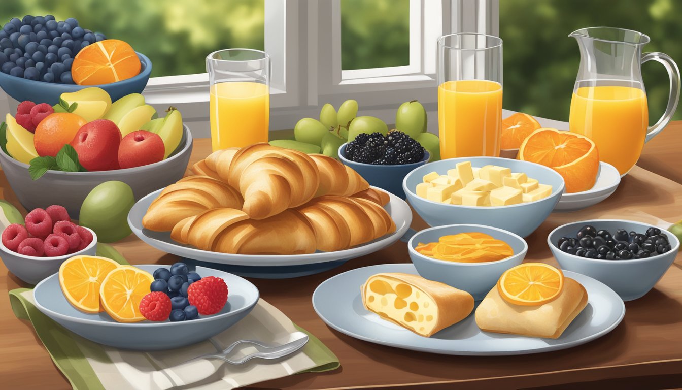 A table set with a variety of breakfast foods, including crescent rolls filled with fruits, vegetables, and cheese. A glass of orange juice and a bowl of mixed berries complete the scene