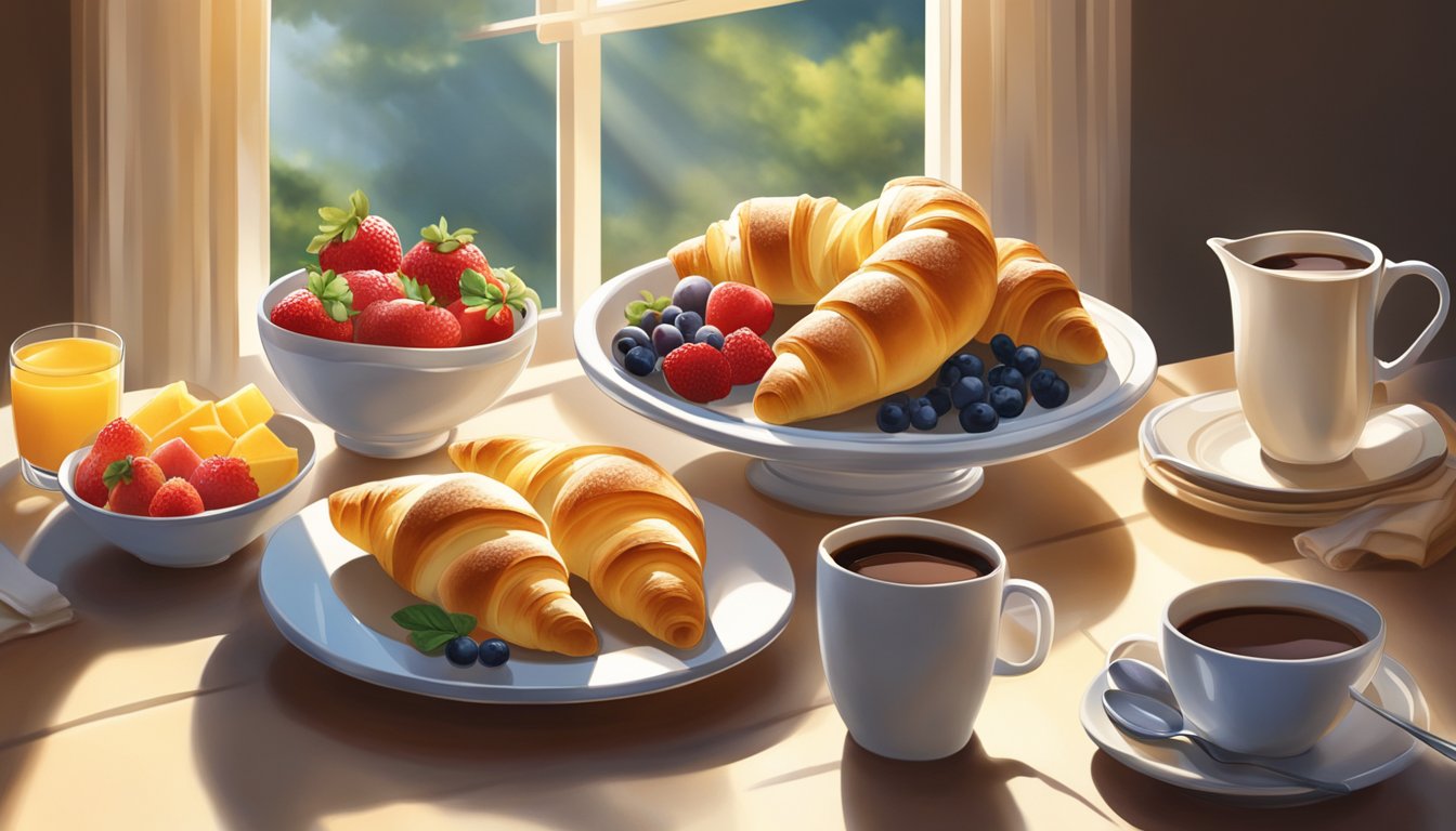 A table set with a variety of breakfast items, including stuffed crescent rolls, fresh fruit, and coffee. Sunlight streams through a window onto the scene