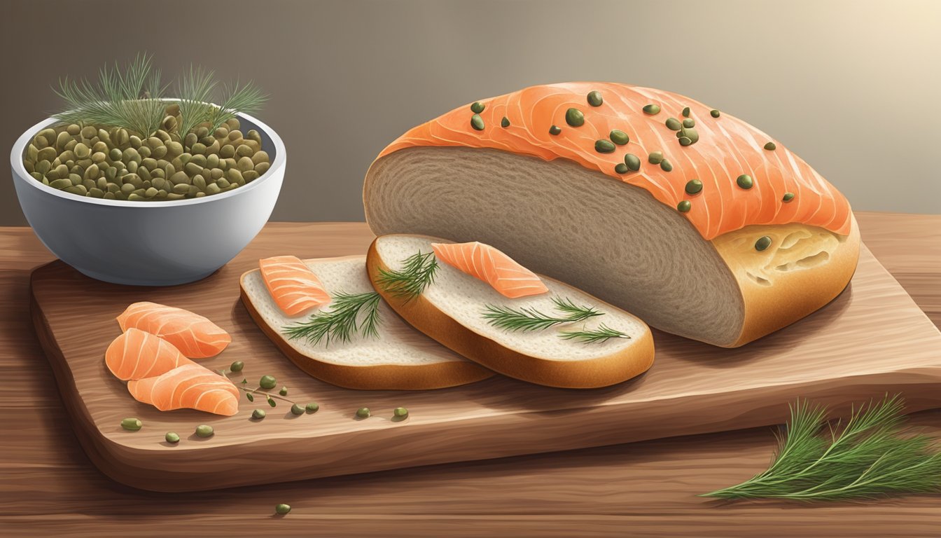 A rustic wooden cutting board with a loaf of sourdough bread topped with slices of smoked salmon, capers, and fresh dill