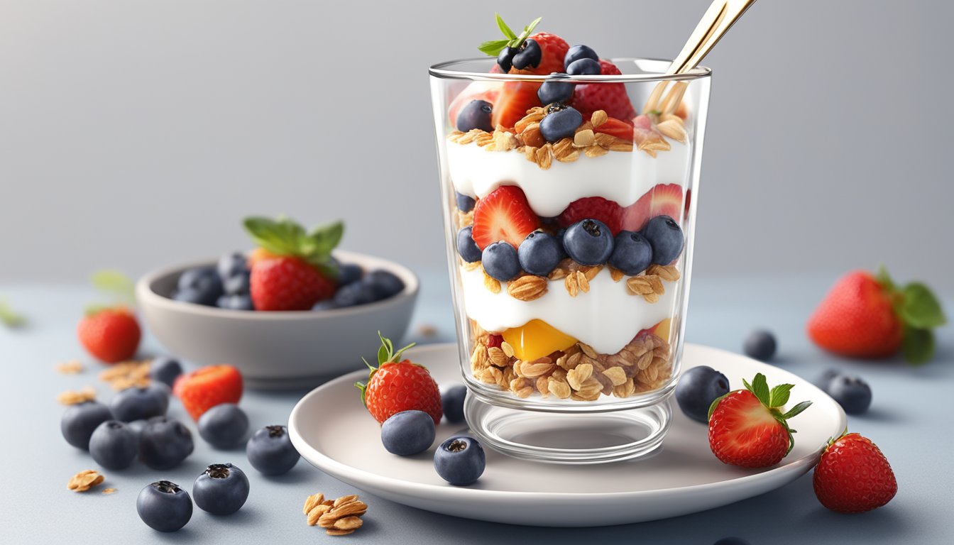 A glass parfait dish filled with layers of Greek yogurt, granola, and fresh berries, topped with a drizzle of honey