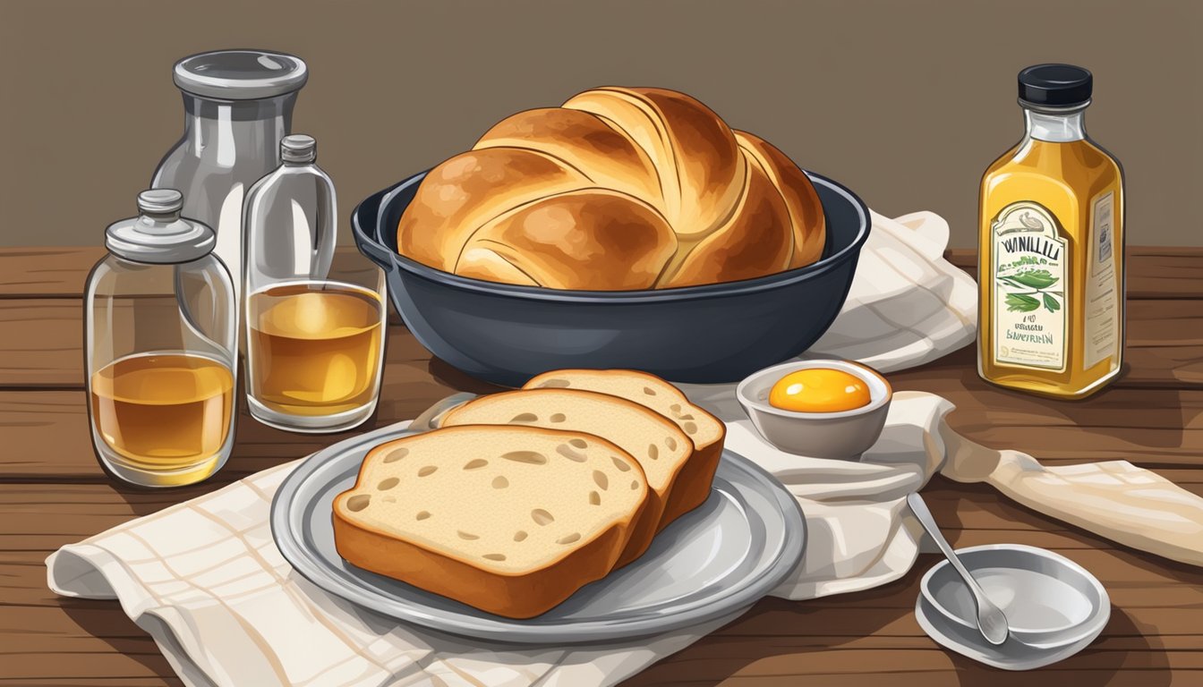 A rustic kitchen table with a freshly baked loaf of challah bread, a bowl of eggs, and a bottle of vanilla extract, ready to be used for bread pudding