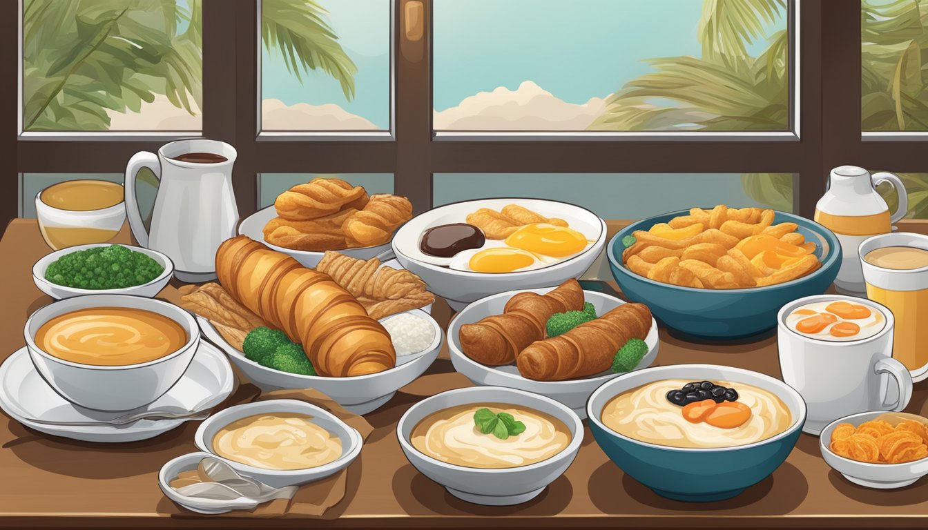 A table set with a variety of breakfast foods from different cultures, including croissants, miso soup, churros, and congee