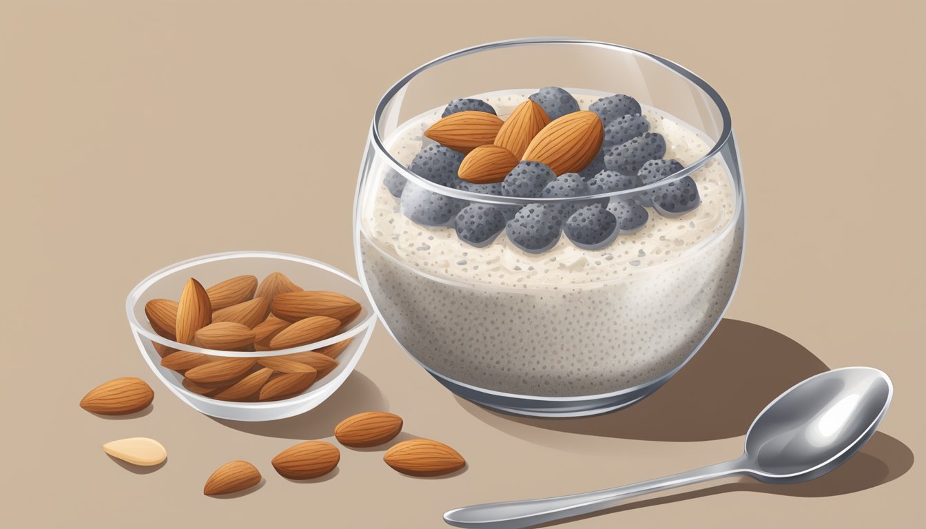 A glass bowl filled with chia seed pudding, topped with sliced almonds and surrounded by a carton of almond milk and a spoon