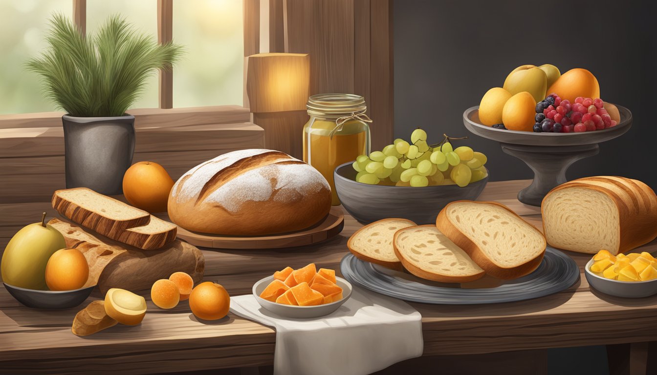 A rustic wooden table adorned with a variety of freshly baked bread loaves, accompanied by an assortment of fruits, cheeses, and spreads