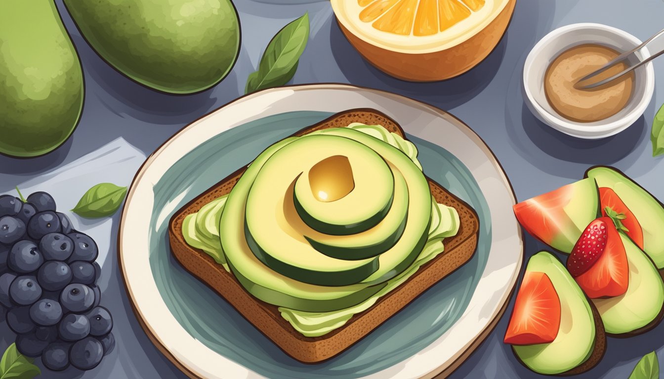 A plate with avocado toast on whole grain bread with a side of fresh fruit