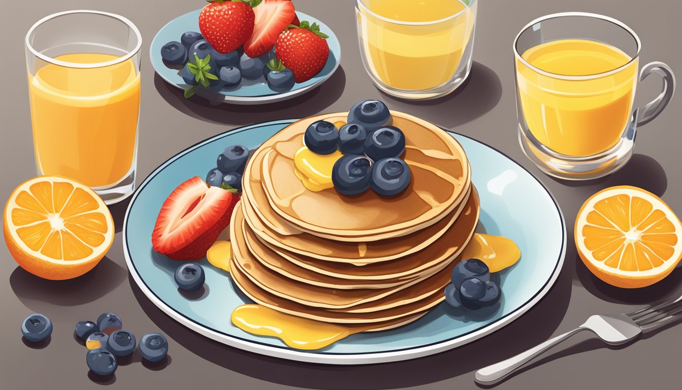 A stack of whole grain protein pancakes topped with fresh fruit and a drizzle of honey, served alongside a glass of orange juice