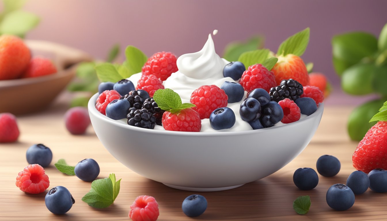 A bowl of Greek yogurt topped with a colorful assortment of mixed berries sits on a wooden table, surrounded by a scattering of fresh fruit