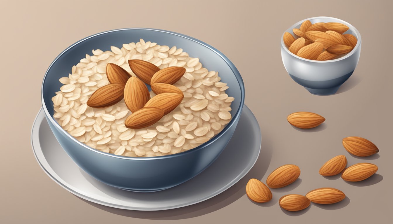 A bowl of oatmeal with sliced almonds on a table