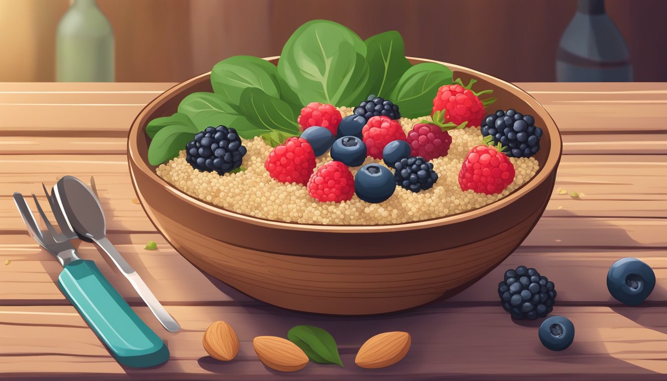 A colorful bowl of quinoa and mixed berries sits on a wooden table, surrounded by fresh ingredients like spinach, almonds, and a bottle of vinaigrette