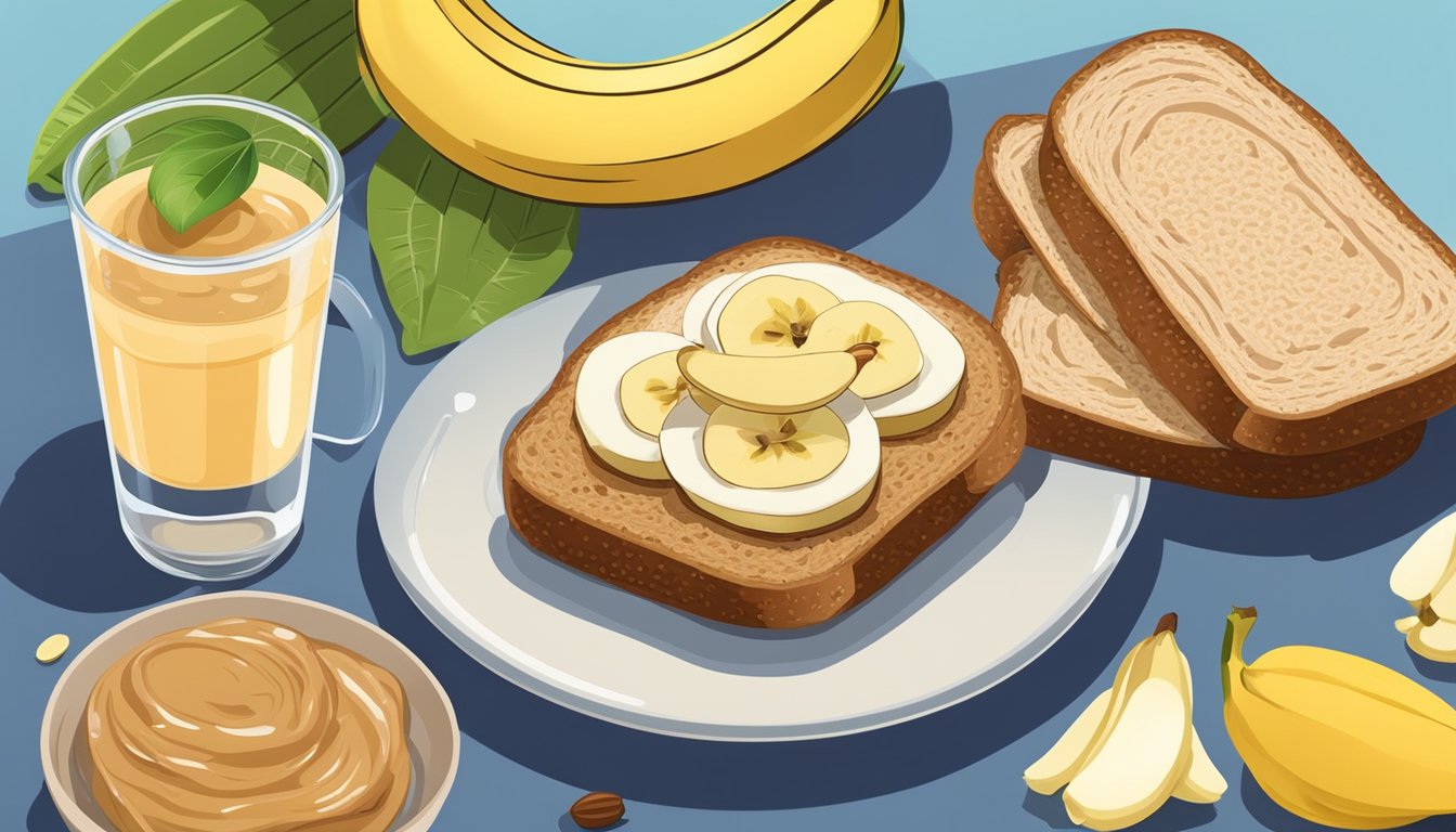 A whole grain bread sandwich with nut butter and sliced bananas on a plate, surrounded by a glass of water and a bowl of fresh fruit