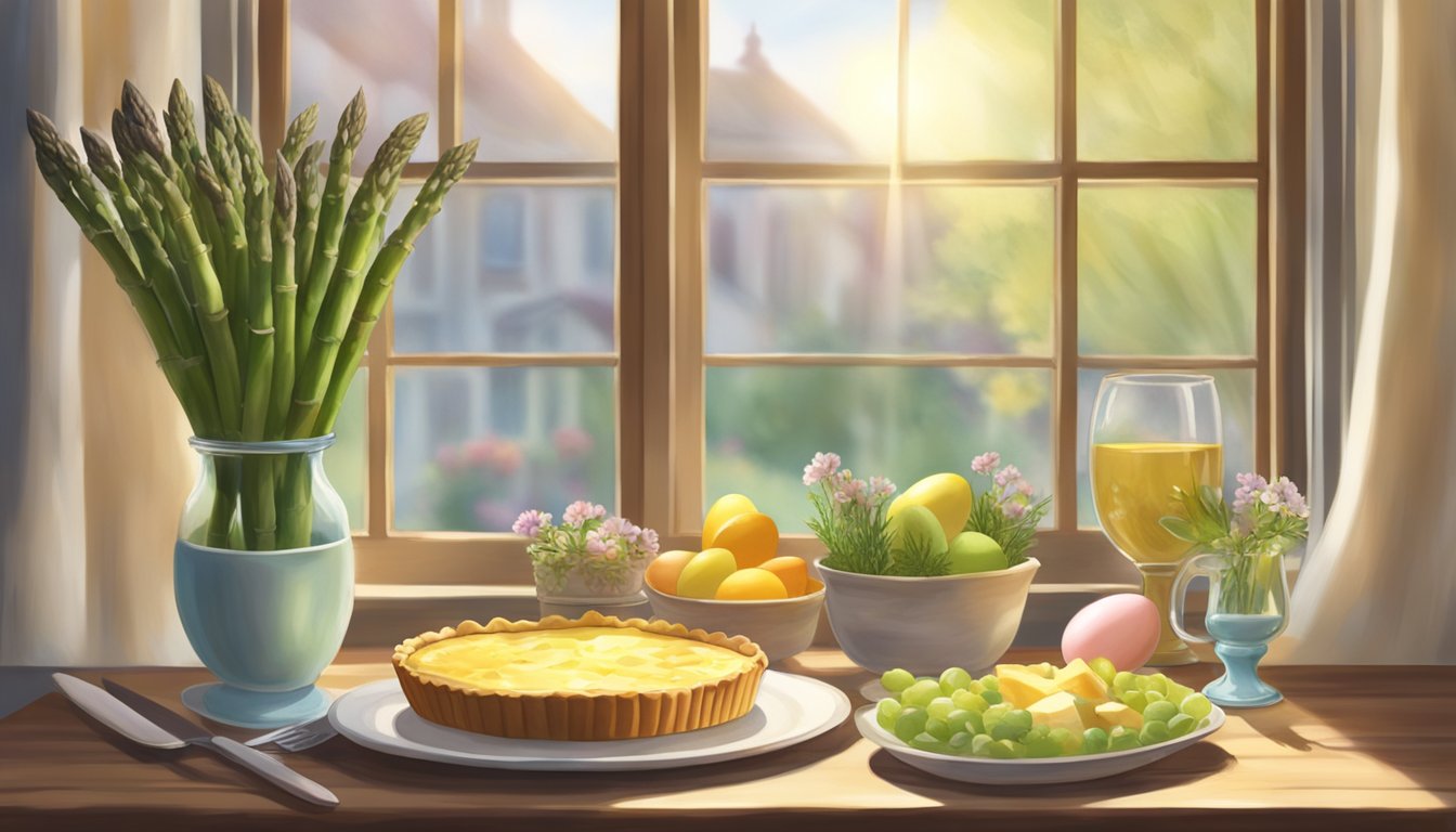 A rustic table set with an asparagus and cheese tart, fresh fruit, and pastel-colored Easter decorations. Sunlight streams through a window, casting a warm glow over the scene