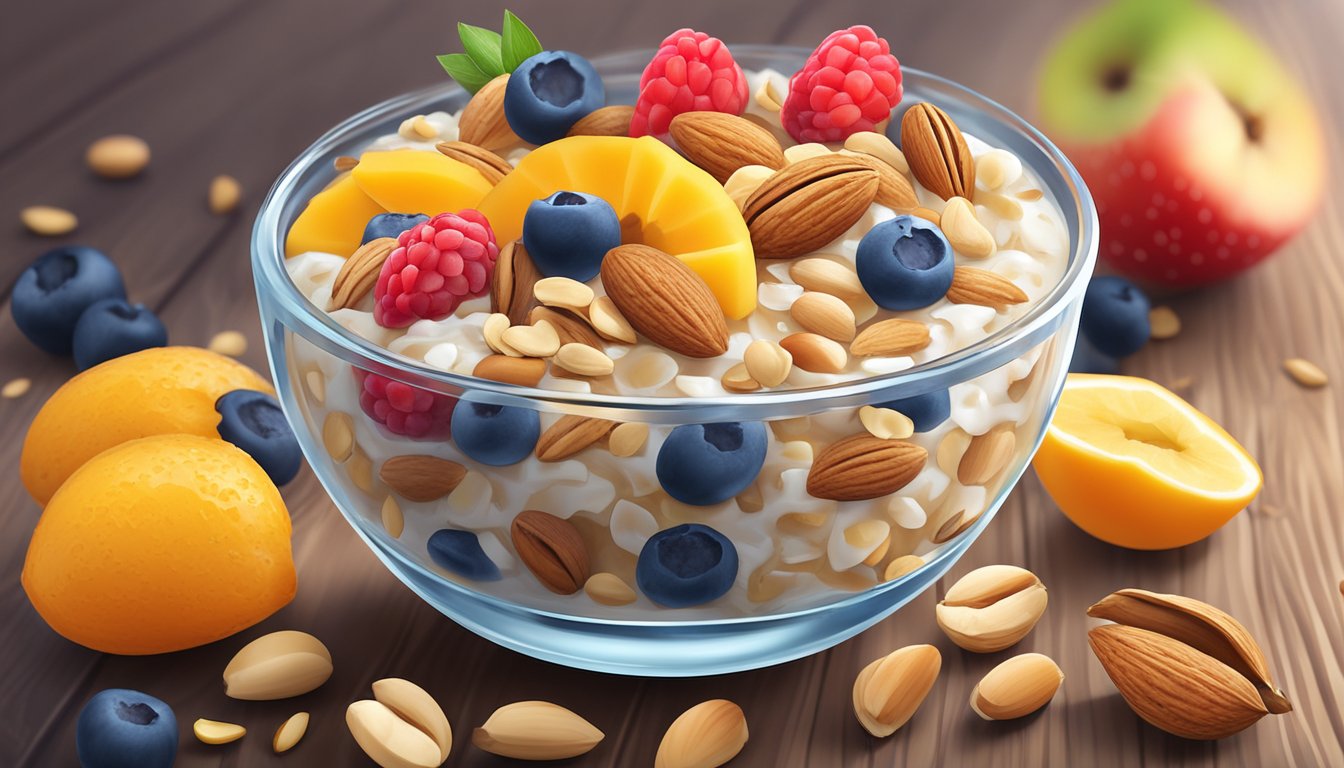 A bowl of overnight oats topped with a colorful array of mixed nuts, surrounded by fresh fruits and a glass of water on a wooden table