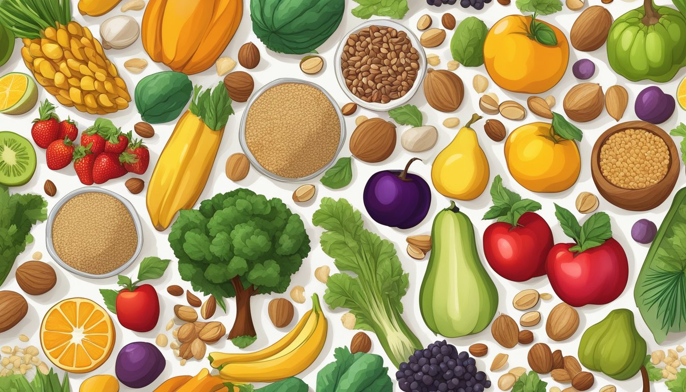 A colorful array of fresh fruits, vegetables, nuts, seeds, and whole grains arranged on a wooden cutting board